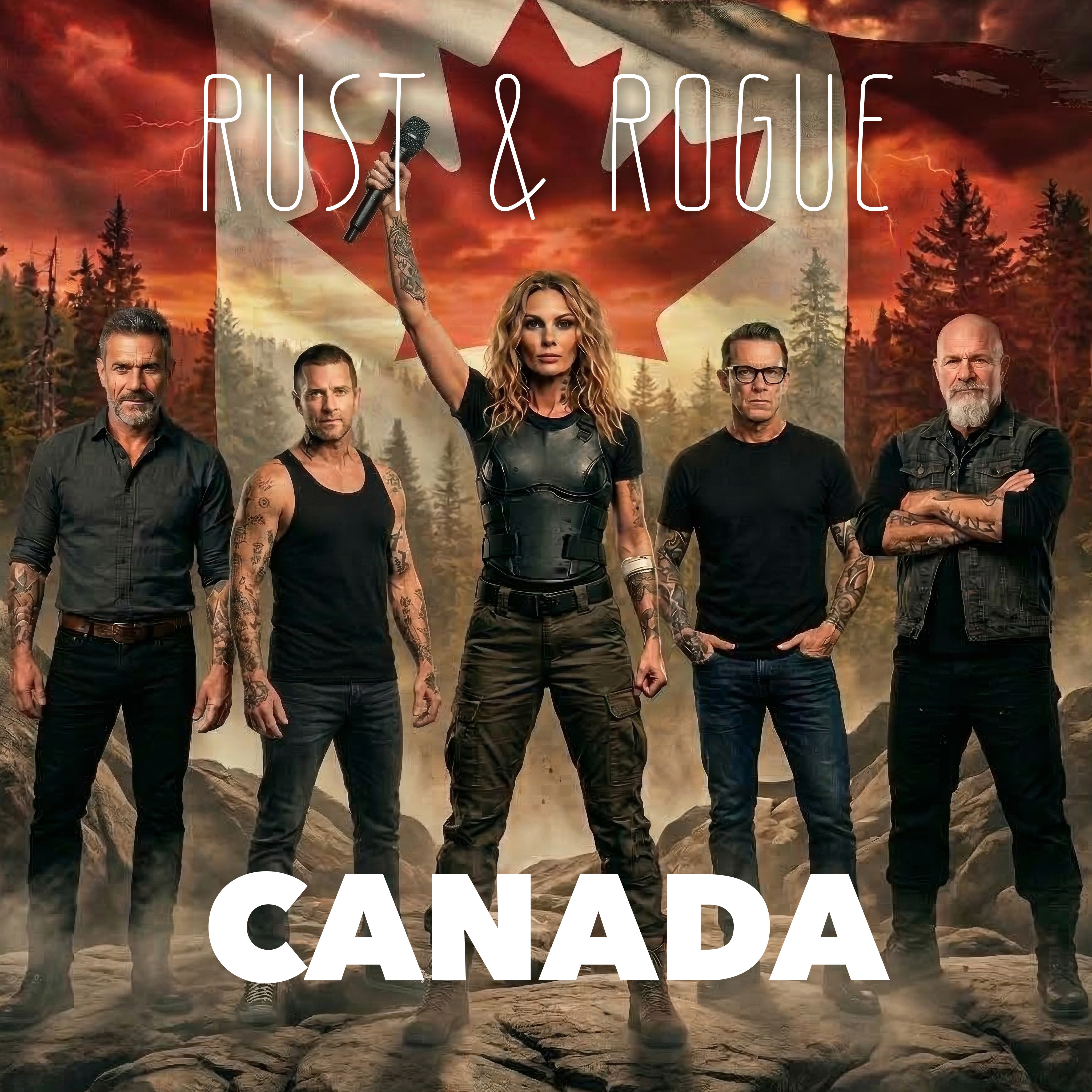 Rust & Rogue — Canada album cover, the five band members standing before a Canadian flag in a misty forest at sunset